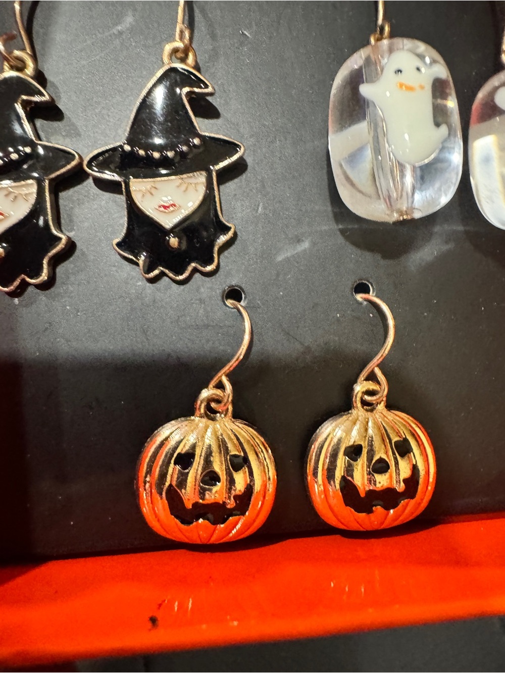 Halloween Earring Set - Black Witch, White Ghost & Gold Pumpkin Earrings - Picture 3 of 9